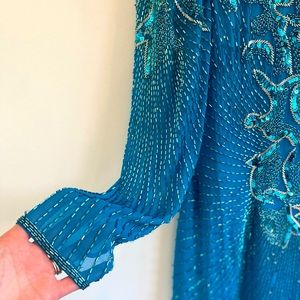 80s Vintage silk, sequin, sheer long sleeve dress (including shoulder pads!)